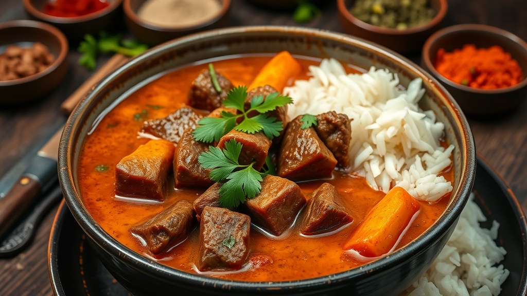 Spiced Beef Curry with Aromatic Rice A vibrant bowl of beef curry garnished with cilantro, served with jasmine rice on a rustic table.